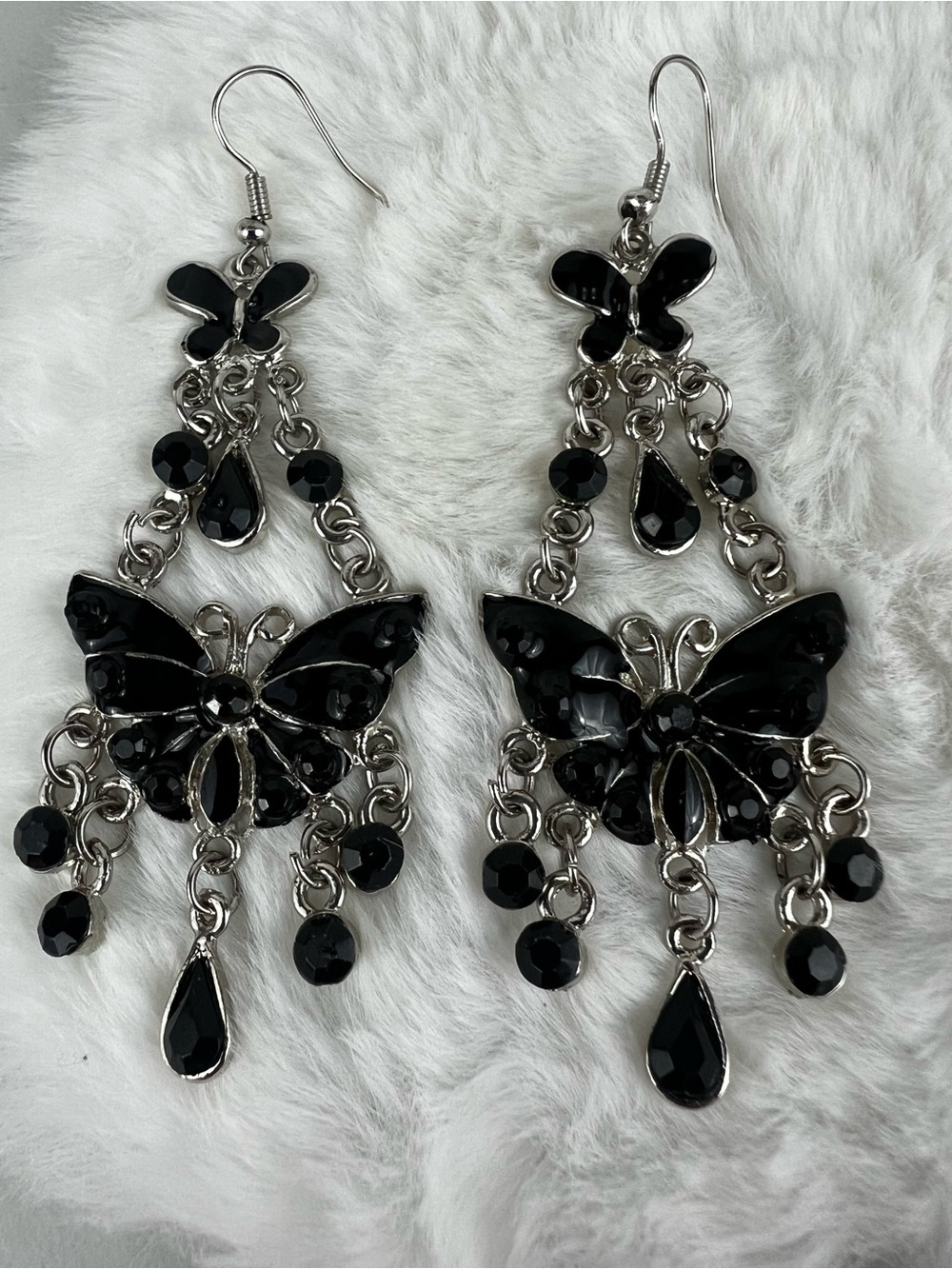 Gothic Black Crystal Butterfly Chandelier Drop Earrings